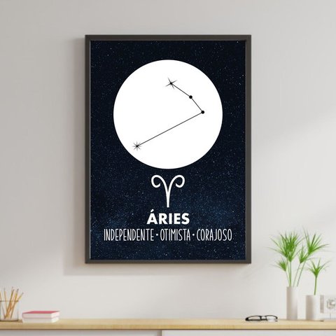 Quadro Coleção Signos - Áries 24x18cm - com vidro:Madeira preta