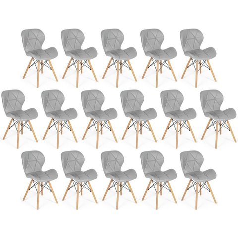 Kit 16 Cadeiras de Jantar Charles Eames Slim Wood Estofada - Cinza