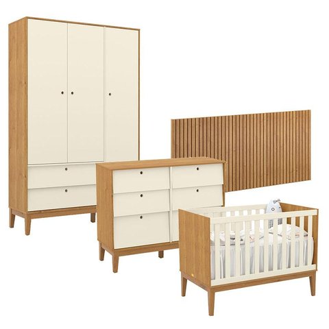 Quarto de Bebê Unique 3 Portas com Cômoda 6 Gavetas e Painel Ripado Freijó Off White Eco Wood - Mati