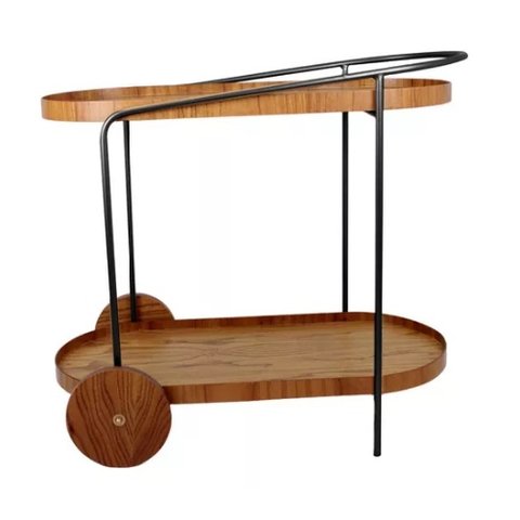 Carrinho Adega Bar Decorativo Oval Duas Prateleiras Laminadas Base Preta Aço