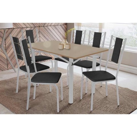 Sala de Jantar Completa Elba Tampo Madeirado C/ Vidro 160cm e 6 Cadeiras Lisboa Cromada/freijo