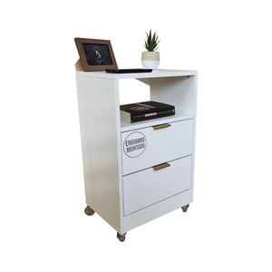 Mesa de Cabeceira 40cm Branco 2 Gavetas 1 Nicho com Rodinhas Quarto Cama (montada) (puxador Dourado)