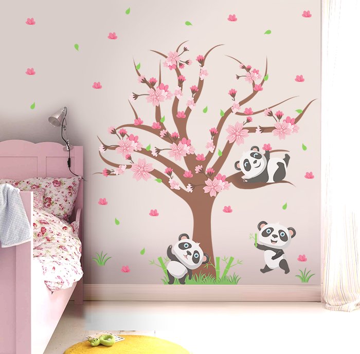 Adesivo de Parede Infantil Pandas na Árvore Adesivos Primeiro Quarto Branco G