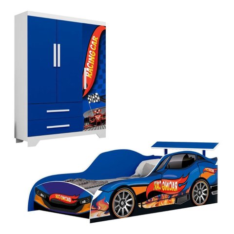 Jogo Quarto Meninos Carro Cama Colchão D20 e Guarda Roupas:azul