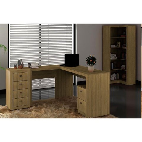 Escritório Completo (1 Mesa de Canto P/ Escritório Me4129 + 1 Estante Me4132 + 1 Gaveteiro Me4133