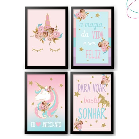 Kit com 4 Quadros Decorativos Infantil para Quarto Unicórnio:preta