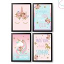 Ver imagem 1 de Kit com 4 Quadros Decorativos Infantil para Quarto Unicórnio:preta