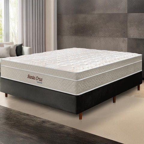 Cama Box Preta + Colchão Casal Santa Cruz Bege Molas Ensacadas Euro Pillow 138x188x72cm