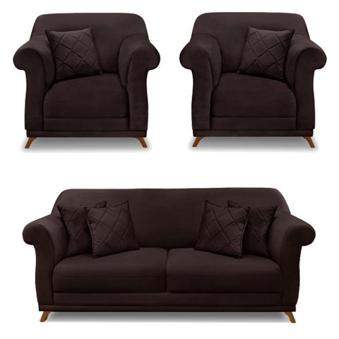 Kit 2 Poltronas e Sofá Living 2 Lugares 1,80m Vênus Suede Marrom Café Pés Castanho - Pallazio