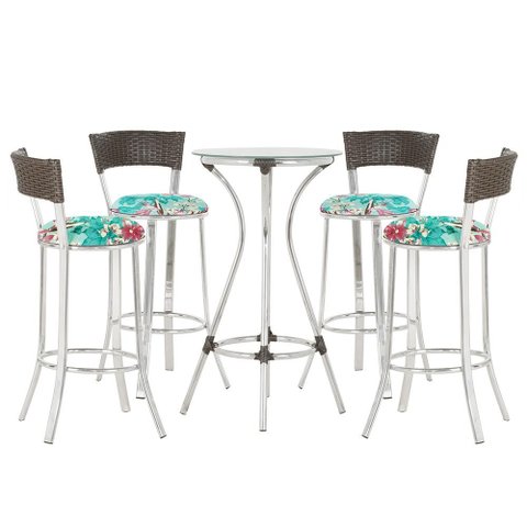 Jogo de Mesa Bistrô com Tampo de Vidro Redondo 4 Banquetas em Alumínio e Fibra Sintética Argila