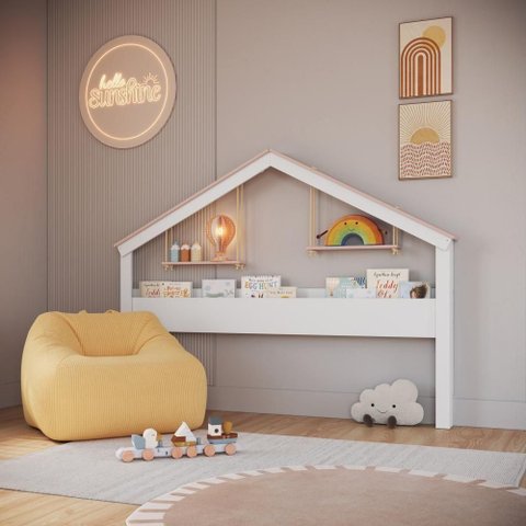 Livreiro Infantil com Moldura de Casinha 2 Prateleiras MDP 200,3cm Branco com Rosa
