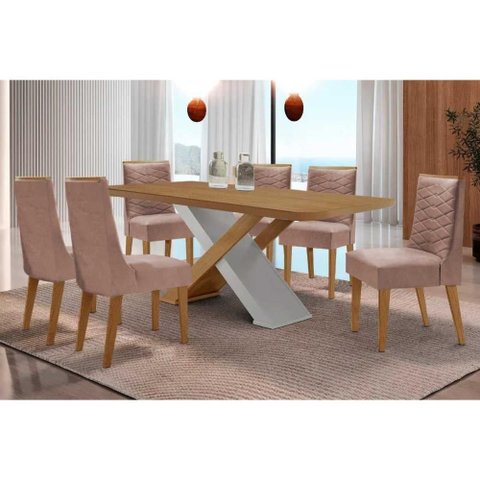 Conjunto: Mesa de Cozinha Imperatriz Curvo 180cm + 6 Cadeiras Maldivas Naturale/off White - Linho