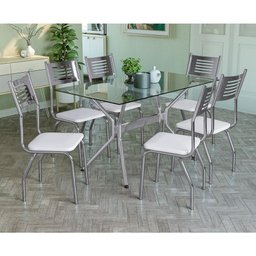 Conjunto Mesa 1,40M com 6 Cadeiras Tampo de Vidro Kappesberg Cromado/Branco - 1
