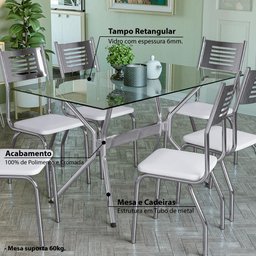 Conjunto Mesa 1,40M com 6 Cadeiras Tampo de Vidro Kappesberg Cromado/Branco - 2