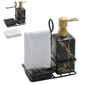 Kit Sabonete Liquido Suporte e Toalha Banheiro Preto Marmore