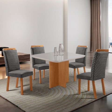 Mesa de Jantar Olímpia 90cm Tampo MDF Vidro Canto Copo com 4 Cadeiras Aline