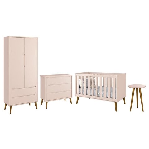 Dormitório Infantil Theo Retrô 2 Portas, Cômoda, Berço e Mesa de Apoio Rosa com Pés Amadeirado - Rel