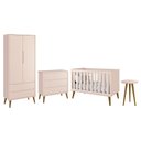 Ver imagem 1 de Dormitório Infantil Theo Retrô 2 Portas, Cômoda, Berço e Mesa de Apoio Rosa com Pés Amadeirado - Rel