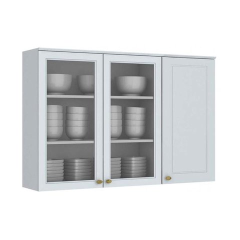 Armário Aéreo Cozinha Modulado Americana c/ 3 Portas (2 c/ Vidro) Branco - Henn