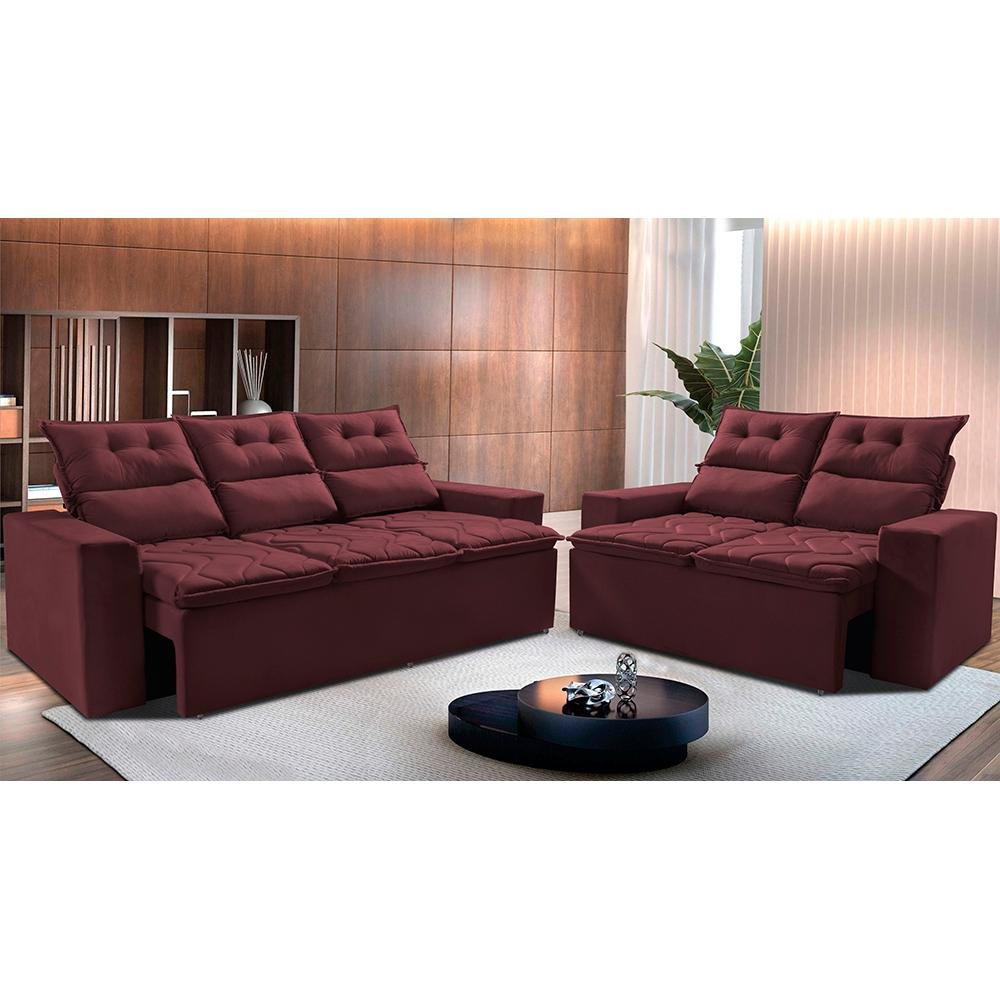 Conjunto de Sofá 3 e 2 Lugares Retrátil e Reclinável 2.00x1.50m Cama inBox Smal Suede Vinho