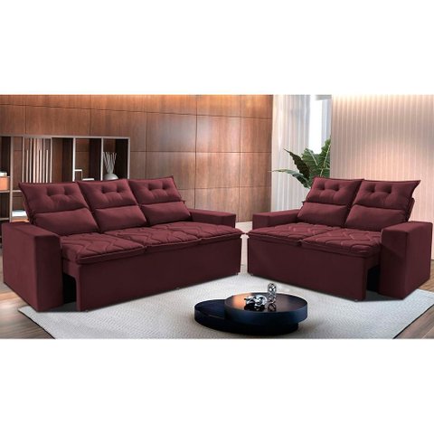 Conjunto de Sofá 3 e 2 Lugares Retrátil e Reclinável 2.00x1.50m Cama Inbox Smal Suede Vinho