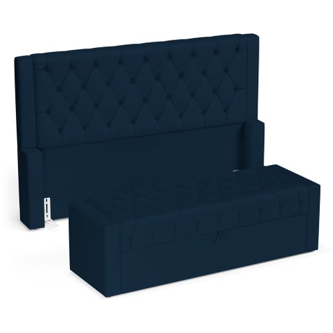 Cabeceira e Calçadeira Báu King Size Atena 195cm Capitonê Veludo Azul Marinho - Desk Design