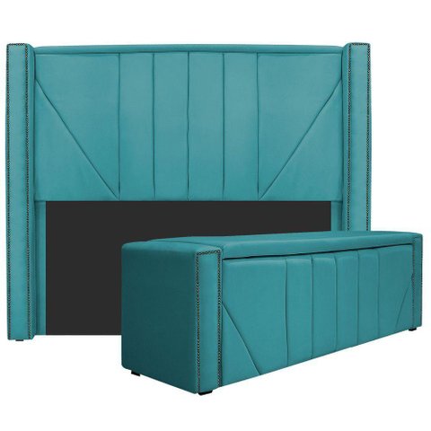 Kit Cabeceira E Calçadeira Baú Queen 160cm Azul Turquesa