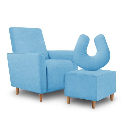 Kit Amamentação Poltrona + Puff + Almofada Julia Suede Azul Turquesa Inova Decorações