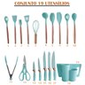 Jogo de Utensílios para Cozinha 19 Peças em Silicone com Cabos de Madeira e Suporte Oval - Ciano - 2