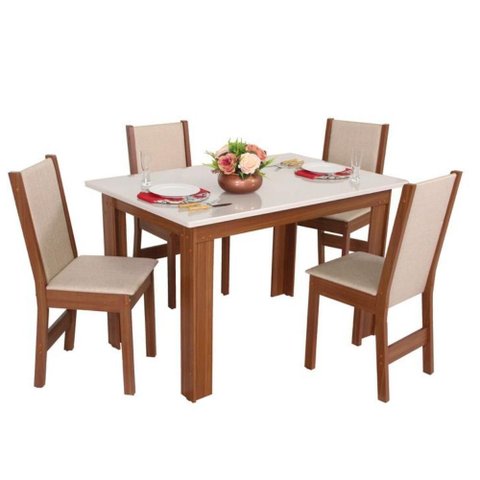 Conjunto Mesa Luiza Retangular Café Demolição com 4 Cadeiras Melina Asgard Bege Naturalle e Off