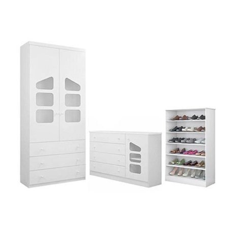 Roupeiro 2 Porta e Gavetas + Cômoda Algodão Doce MDF + Sapateira Bella