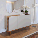 Ver mais imagens de Buffet 3 Portas de Giro 2 Prateleiras c/ Ripado Artesanal e Pés de Madeira Jussara Off White Matte /