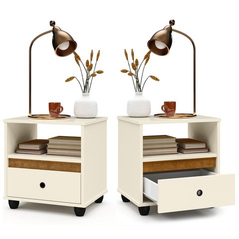 Conjunto 2 Mesas de Cabeceira Box 1 Gaveta para Quarto - Off White com Freijó