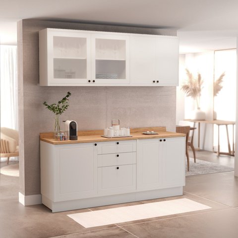 Cozinha Compacta Modulada 7 Portas 3 Gavetas 100% MDF 2 Tampos Sevilha Branco/Artico