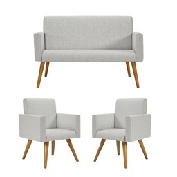 Kit Namoradeira + 02 Poltronas Decorativas Linho Cor:Linho Cinza Claro - 1