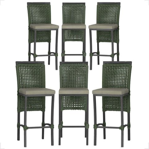 6 Banqueta em Alumínio Roma Preta Corda Náutica Tecido 8 Verde