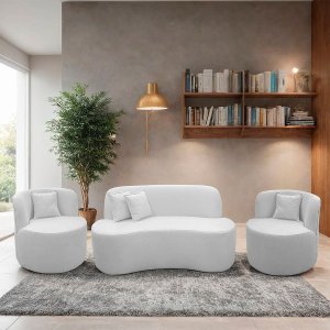 Kit 2 Poltrona com Sofá Curvo 2 Lugares Feijão Forma Orgânica 1,50 Bouclé Maranata