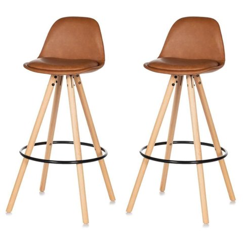 Kit 2 Banquetas Luisa Assento Courino Base Madeira com Encosto Caramelo Anima Office