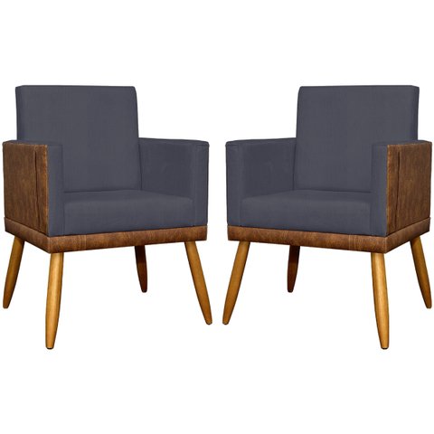 Kit 2 Poltronas Decorativas Lis Corino e Linho Cores Pé Palito 30 Cm Castanho