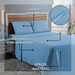 Jogo Lençol Casal Algodão 300 Fios 4 Peças Cama Box e Padrão:azul Bebe - 5
