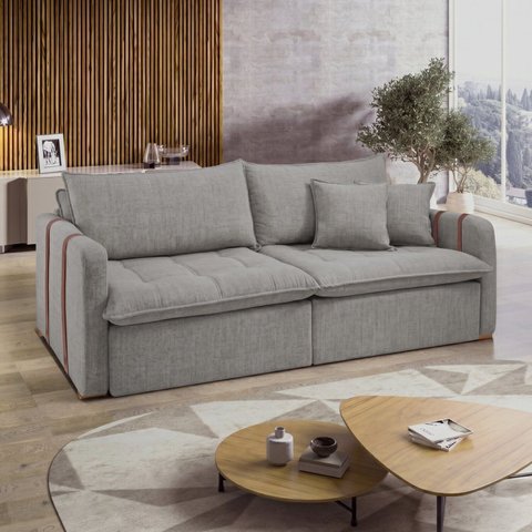 Sofá Cama Retrátil e Reclinável 3 Lugares Linho Gelo Michigan 220cm Yescasa