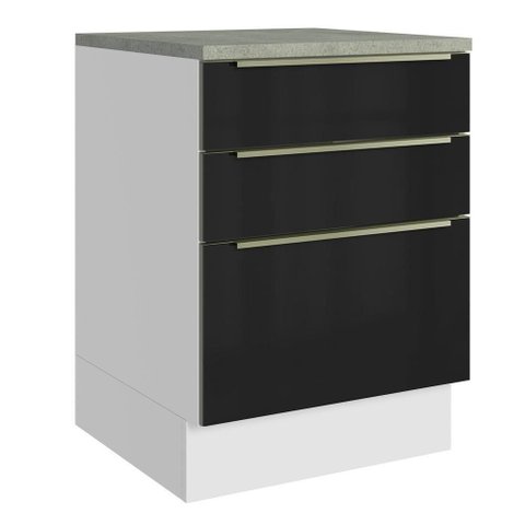 Balcão de Cozinha 60 cm 3 Gavetas Branco/Preto Lux Madesa