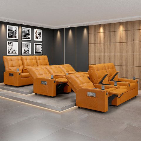 Poltrona do Papai Reclinável Sala de Cinema Movie 3 Lugares Manual Baú USB PU Whisky Gran Belo Movie