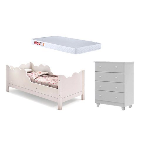 Kit Cama Nuvem Branca com Colchão e Cômoda Lara para Quarto Criança Planejado Moderno Seguro
