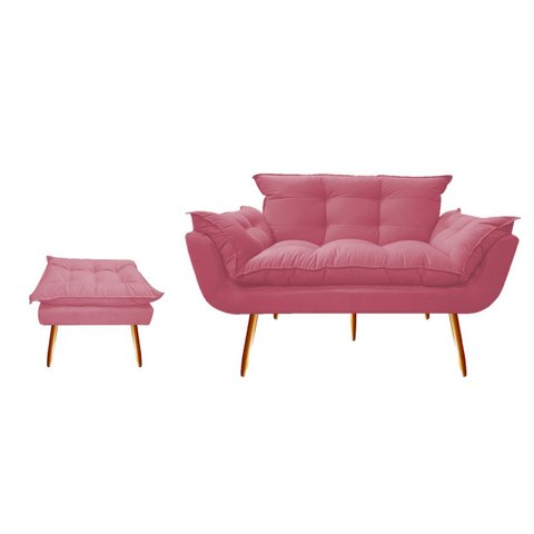 Kit Namoradeira +1 Puff Puf Decorativo Opala Suede Rosa Pés Madeira Mz Decor