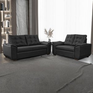 Conjunto Sofá Cinquecento de Courino Preto 3 e 2 Lugares Fratello
