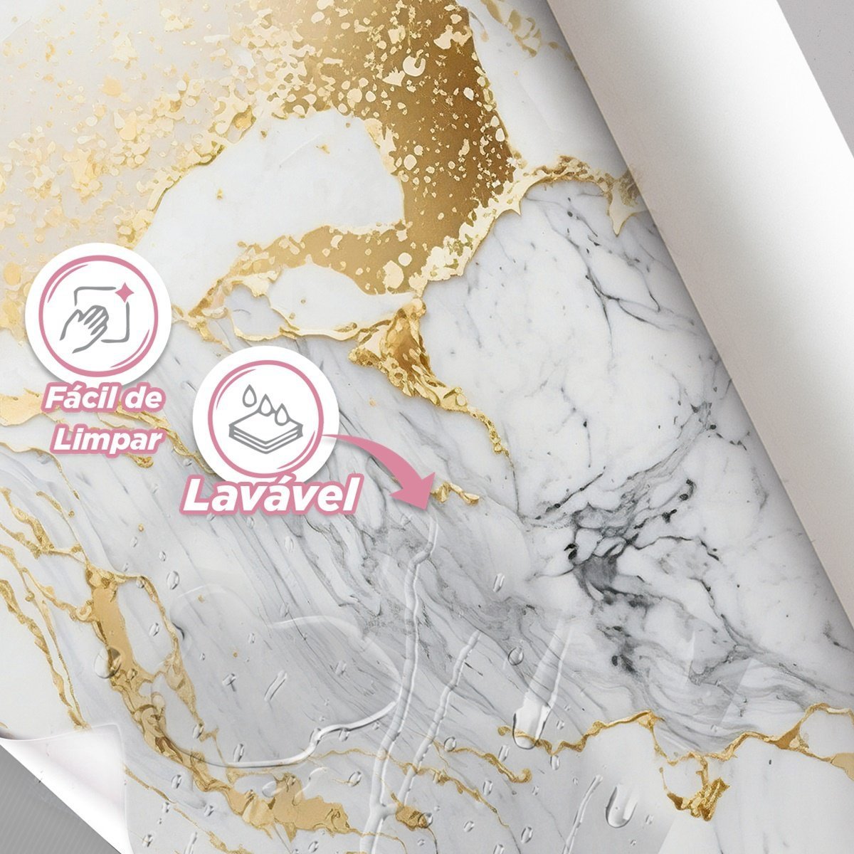 Papel de Parede Painel 3D Mármore Branco e Dourado Auto Colante Lavável Revestimento Brilhoso Realis - 3