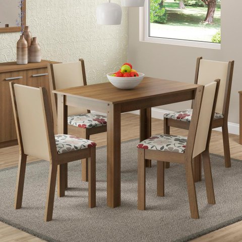 Conjunto Sala de Jantar Cíntia Madesa Mesa Tampo de Madeira com 4 Cadeiras - Rustic/crema/hibiscos