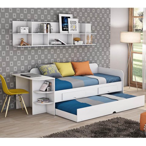 Sofa Cama com Cama Auxiliar 2 Gavetas e Escrivaninha - Branco