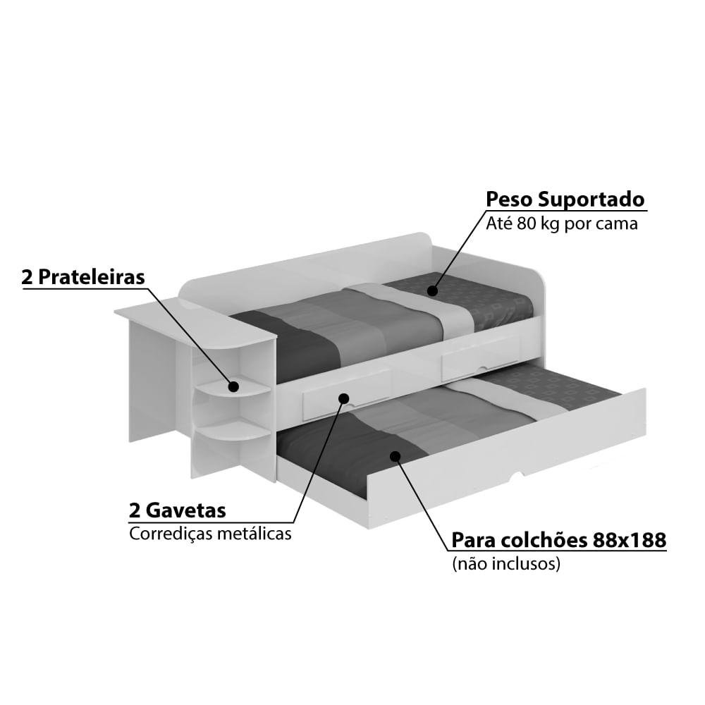 Sofa Cama com Cama Auxiliar 2 Gavetas e Escrivaninha - Branco - 3